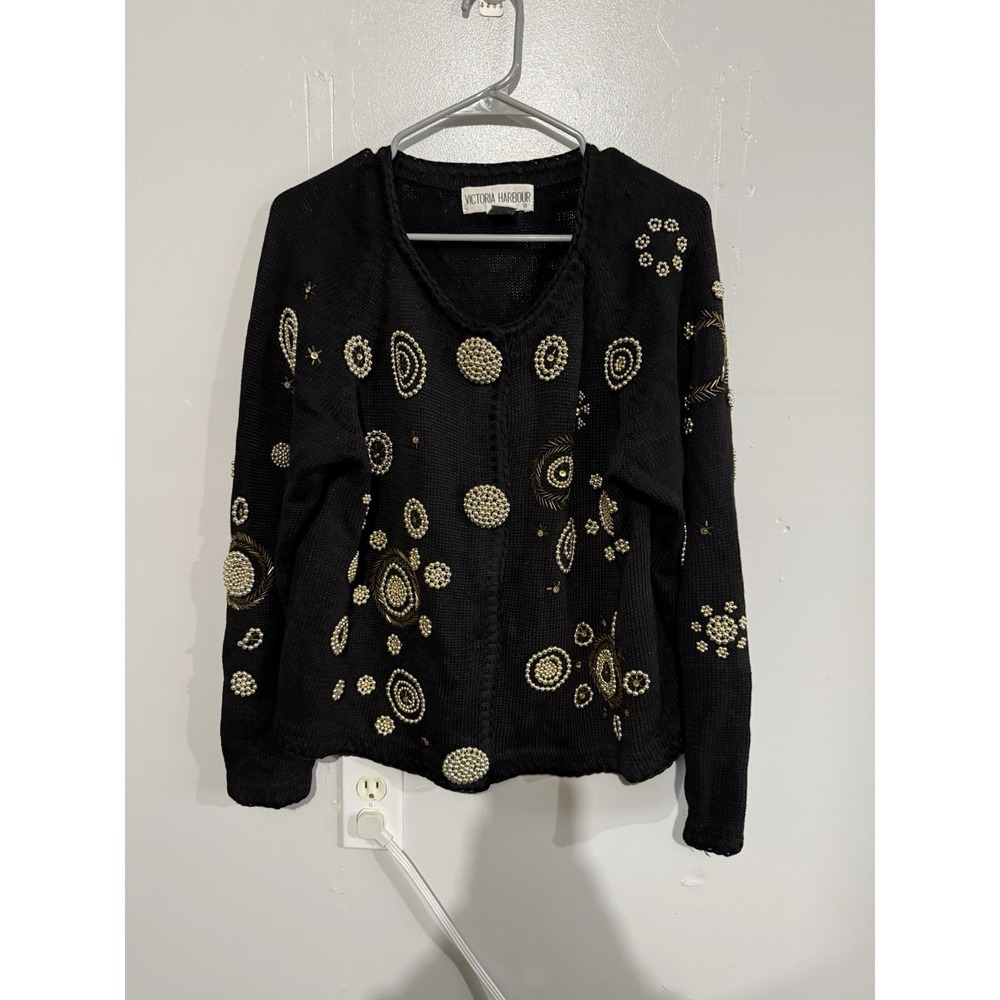 Vintage 90's VICTORIA HARBOUR Black & Gold  Beaded Knit Cardigan Size S NEW YEAR